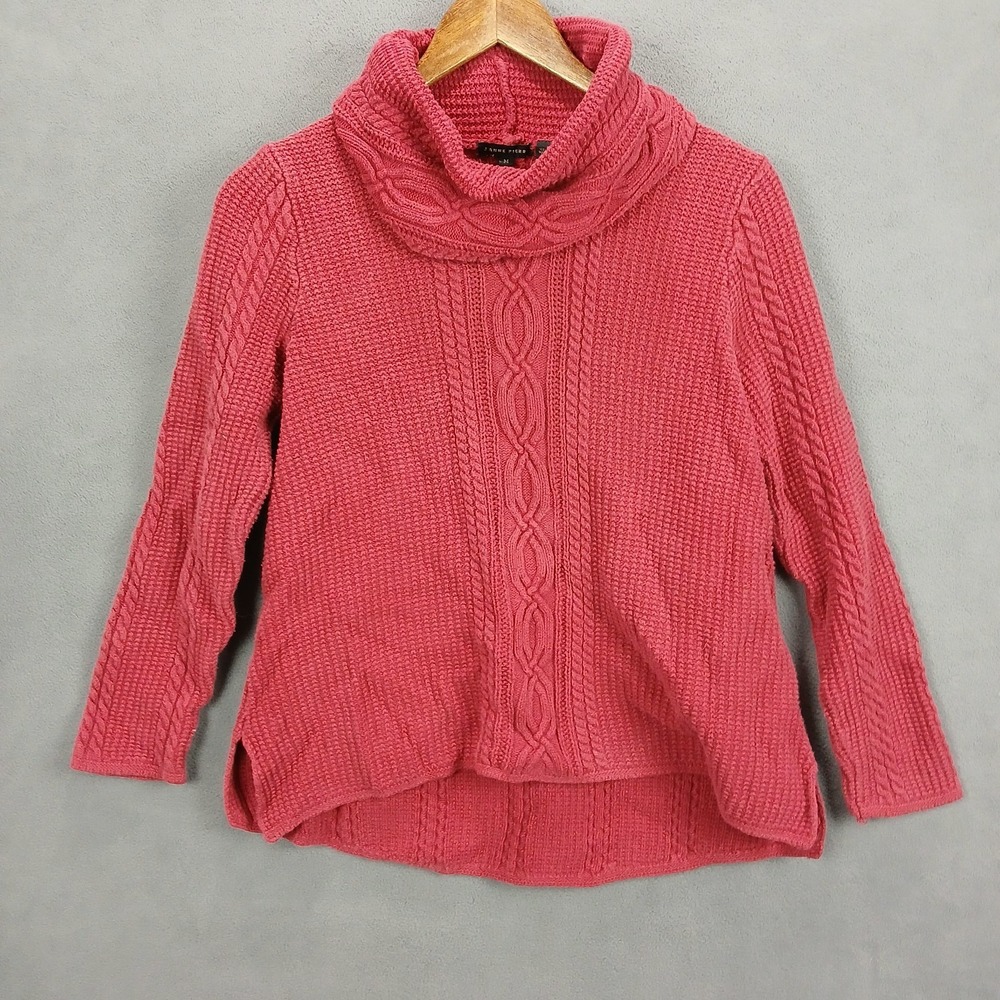Jeanne Pierre Sweater Womens Medium Red Cotton Cable Knit Turtle Neck Side Slit